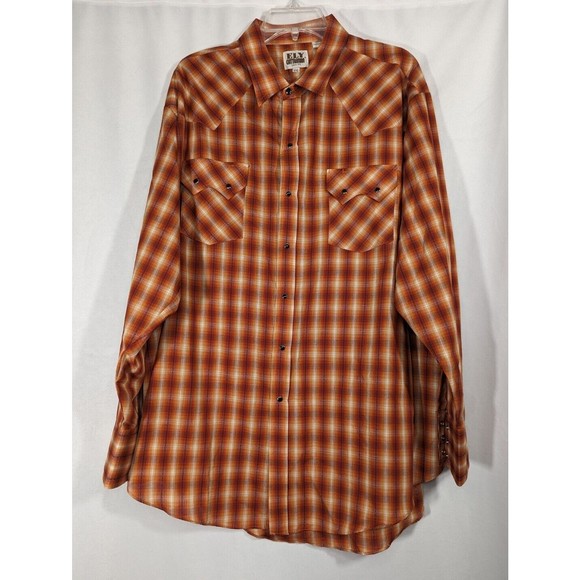 Ely Cattleman Men XXL Button Up Shirt Orange Plaid Western Pearl Snap - Picture 1 of 6